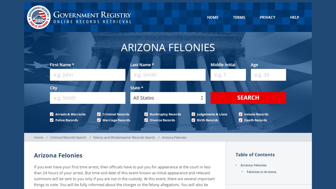 Arizona Criminal Felonies - GovernmentRegistry.Org